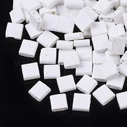 2 trous perles de rocaille de verre, de Style caoutchouté, rectangle, blanc, 5x4.5~5.5x2~2.5mm, Trou: 0.5~0.8mm