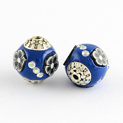 Round Handmade Indonesia Beads, with AB Color Rhinestones, Polymer Clay Flower and Alloy Cores, Antique Silver, Medium Blue, 15x14mm, Hole: 1.5mm