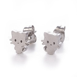 304 Stainless Steel Kitten Stud Earrings, with Ear Nuts/Earring Back, Cat, Stainless Steel Color, 8x7mm, Pin: 0.8mm