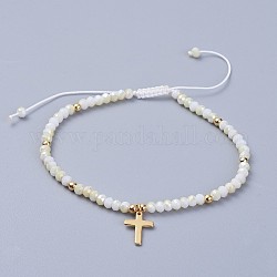 Bracelets de perles tressées en verre galvanoplastie, avec du laiton et du fil de nylon, croix, or, 2-1/4 pouce ~ 3-3/8 pouces (5.65~8.65 cm)