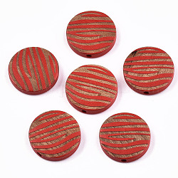 Painted Natural Wood Beads, Laser Engraved Pattern, Flat Round with Zebra-Stripe, FireBrick, 20x5mm, Hole: 1.5mm