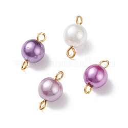 Dijes de conector de perla de imitación de vidrio, con lazos dobles de hierro chapados en oro, redondo, medio de la orquídea, 14x7.5mm, agujero: 1.8mm y 2.5 mm