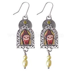Arch with Owl Dangle Earrings with Enamel, Alloy Jewelry for Women, Antique Silver, 61x16.2mm