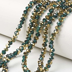 Electroplate Transparent Glass Beads Strands, Half Golden Plated, Faceted, Rondelle, Dark Green, 3.5x3mm, Hole: 0.4mm, about 123~127pcs/strand, 13.7~14.1 inch(35~36cm)