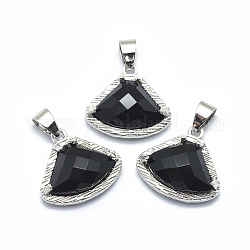 Natural Black Agate Pendants, with Brass Findings, Triangle, Faceted, Platinum, 17.5x19x6.5mm, Hole: 3.5x5mm