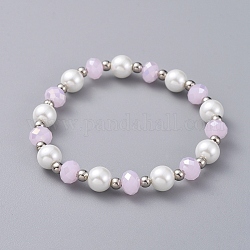 Stretch Bracelets, with Faceted Rondelle Glass Beads, Glass Pearl Round Beads and Platinum Plated Iron Spacer Beads, Pink, 2-1/4 inch(5.85cm)