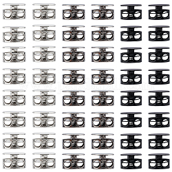 FINGERINSPIRE 48Pcs Metal Toggle Stoppers Two Hole Flat Round Alloy Cord Locks (Black, Gunmetal, Platinum, 14x9.5mm) Drawstring Stopper Fastener for No Tie Shoelaces Clothing Backpack Lanyard