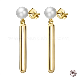 925 Sterling Silver Oval Dangle Stud Earrings with Pearl Beaded, with S925 Stamp, Golden, 33mm