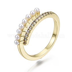 Latón micro pave anillos de brazalete de circonio cúbico, anillos abiertos, con abs de plástico imitación perla, sin níquel, real 16k chapado en oro, nosotros tamaño 6 (16.5 mm)