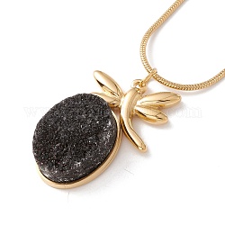 Natural Quartz Dragonfly with Oval Pendant Necklace with 304 Stainless Steel Snake Chain, Druzy Gemstone Jewelry for Women, Golden, Black, 17.72 inch(45cm)