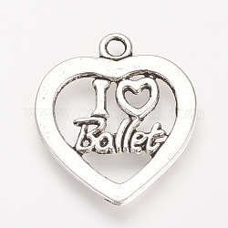 Tibetan Style Alloy Pendants, Heart with Word I love Ballet, Cadmium Free & Lead Free, Antique Silver, 24.5x21x1.5mm, Hole: 2mm, about 580pcs/1000g
