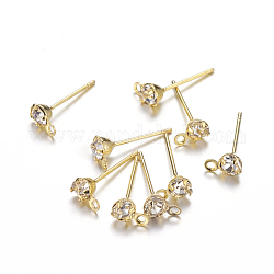Brass Post Earring Findings, with Loop and Rhinestone, Golden, about 4mm wide, 15mm long, hole: 0.5mm, Pin: 0.8mm