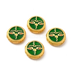 Perline in lega, con smalto, oro, tondo piatto con dio della ricchezza e occhio, verde, 13~13.5x4.5mm, Foro: 2 mm