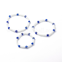 Set di braccialetti elasticizzati perline di vetro e perline fatte a mano a lume per genitori e bambini, occhio di diavolo, blu, diametro interno: 1-3/4 pollice (4.5~7.2 cm), 3 pc / set