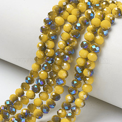 Electroplate opaco colore solido perle di vetro fili, mezzo placcato, blu placcato, sfaccettato, rondelle, oro, 4x3mm, Foro: 0.4 mm, circa 123~127pcs/filo, 16.5~16.9 pollice (42~43 cm)