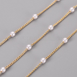 Cadenas de latón hechas a mano, con cuentas de perlas de imitación de plástico abs, soldada, con carrete, real 18k chapado en oro, 1.5x1x0.3mm, aproximadamente 16.4 pie (5 m) / rollo