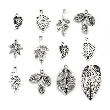 Mixed Style Tibetan Style Alloy Leaf Pendants, Antique Silver, 19~47x10~26x2~4mm, Hole: 2~4mm, about 50pcs/100g