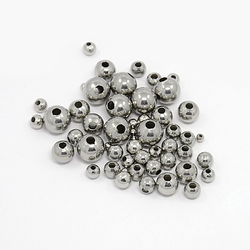 304 cale en inox perles rondes, couleur inoxydable, 2~10mm, Trou: 1~3mm