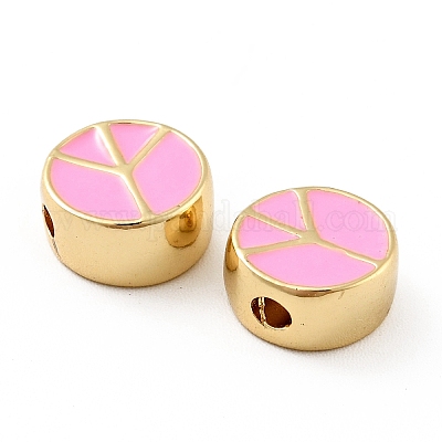 Плоские круглые со знаком мира латунные эмалевые бусины KK-G419-05G-03-1