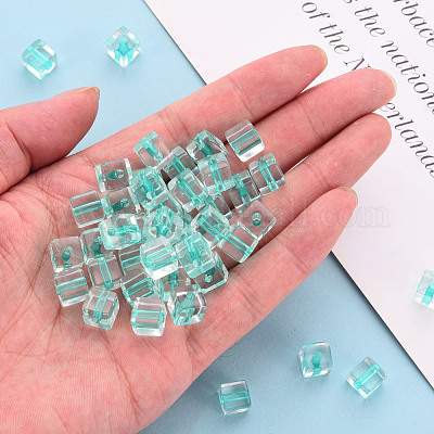 透明なアクリルビーズ キューブ ターコイズ 8x7.5x7.5mm 穴：1.8mm 約 