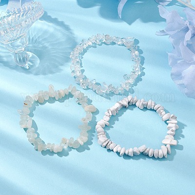 Наборы эластичных браслетов из натурального кристалла кварца и синтетического белого говлита и натурального белого лунного камня BJEW-JB10857-1
