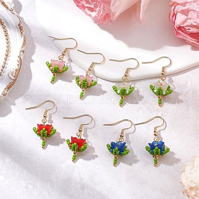 Цветочные подвесные серьги из бисера и акриловых бусин ручной работы EJEW-MZ00359-1