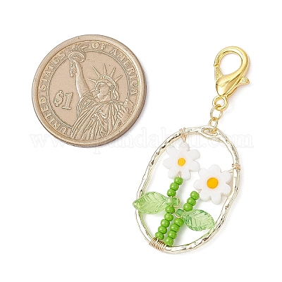 Овальный с цветочным стеклянным бисером и подвесками из лэмпворка и сплава HJEW-MZ00351-04-1