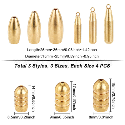 SUPERFINDINGS 36 Pcs 9 Styles Brass Fishing Gear, Threaded Copper Bullet,  Fishing Sinker, Fishing Weights Soft Lure Accessory, Golden, 4pcs/style
