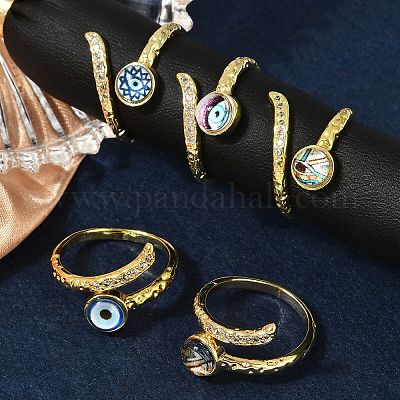 Кольца-манжеты из латуни с микропаве из прозрачного кубического циркония и эмалью для женщин RJEW-L113-034G-1