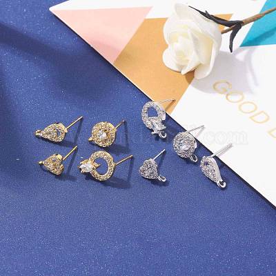 8 пара серег-гвоздик из латуни с микропаве KK-ZZ0001-09-RS-1