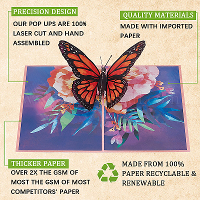 Rectangle 3d papillon pop up papier carte de voeux en gros pour