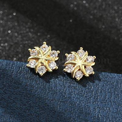Серьги-гвоздики из прозрачного кубического циркония с цветочным узором из латуни и микропаве EJEW-D318-10G-1