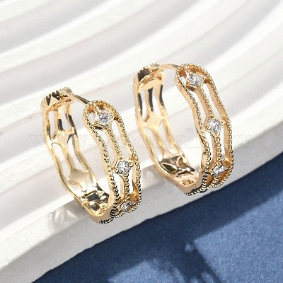 Прямоугольные серьги-кольца из латуни с прозрачным кубическим цирконием EJEW-D320-06G-1