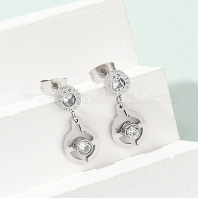 Плоские круглые серьги-гвоздики из нержавеющей стали 304 с микропаве из прозрачных кубических цирконий EJEW-Z089-28P-1