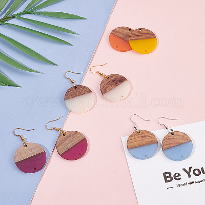 8 пара плоских круглых сережек из смолы и орехового дерева своими руками DIY-FH0001-93-1