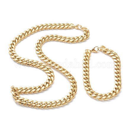 Placcatura ionica (ip) 304 set di gioielli per bracciali e collane con catena a maglia cubana in acciaio inossidabile SJEW-B019-03C-G-1