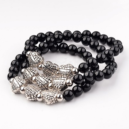 Natürliche schwarze Achat runde Perle Stretch-Armbänder BJEW-L600-01-1