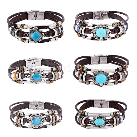 Fibloom 6 pièces 6 styles corde en peau de vache triple couche multi-brins ensemble de bracelets BJEW-FI0001-43-1