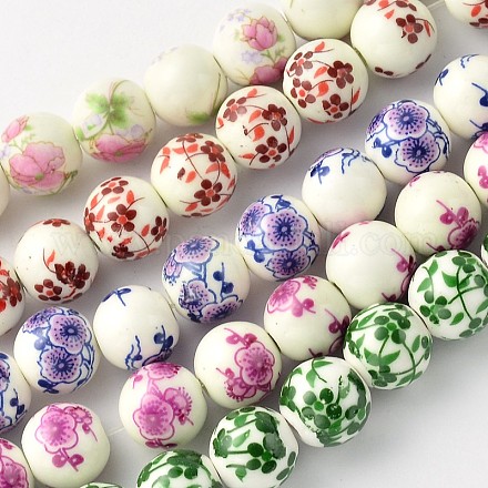Flower Printed Round Handmade Porcelain Beads Strands PORC-M010-12mm-M-1