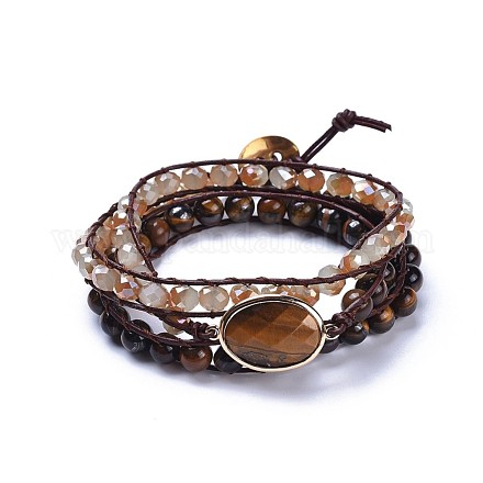 Trois boucles naturelles perles en oeil de tigre bracelets enveloppants BJEW-JB04247-02-1