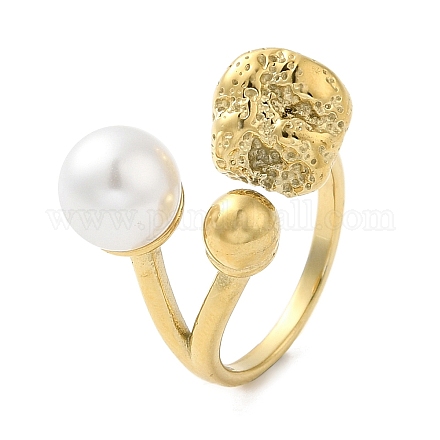 304 anello per polsino aperto con sfera rotonda in acciaio inossidabile con perla imitazione in plastica ABS RJEW-G297-02G-1