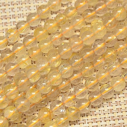 Natural Gold Rutilated Quartz Round Beads Strands G-O017-7mm-17B-1