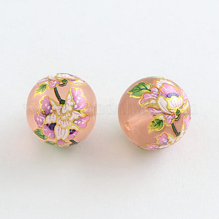Flower Picture Glass Round Beads GFB-R004-14mm-A13-1