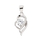 Fine Silver Cubic Zirconia Pendants, Heart Charms, Platinum, Rhodium Plated, Clear, 19.5x10.5x4mm, Hole: 5x3.5mm