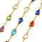 Brass Glass Teardrop Link Chains, with Spool, Long-Lasting Plated, Soldered, Lead Free & Cadmium Free, Rack Plating, Real 18K Gold Plated, Colorful, 16.5x7x2.5mm