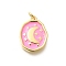 Rack Plating Brass Enamel Pendants, with Jump Ring, Long-Lasting Plated, Lead Free & Cadmium Free, Oval with Moon & Star Charms, Real 18K Gold Plated, Pearl Pink, 18.5x14x3mm, Hole: 3.5mm