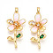Brass Pendants, with Glass & Enamel, Flower Charms, Real 18K Gold Plated, 37x17x5mm, Hole: 4x2.5mm