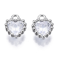 Charms di zirconi chiari intarsiati in ottone, cadmio & nichel &piombo libero, cuore, platino, 10x8x3mm, Foro: 1.4 mm