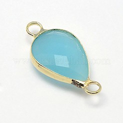 ゴールデントーン真鍮ガラスティアドロップリンクコネクター  ライトブルー  21x11x5mm  穴：2mm&nbsp;GLAA-J010A-HF24-G