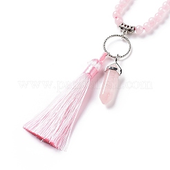 Collar con colgante de bala y borla de cuarzo rosa natural con cadenas de cuentas de piedras preciosas mixtas&nbsp;NJEW-E585-02E